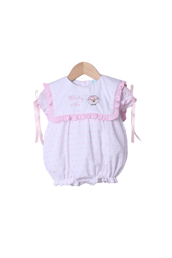 The Smocked Flamingo Apparel & Accessories Embroidered Worthy IS the Lamb Swiss Dot Bubble