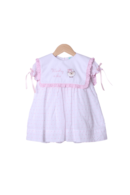 The Smocked Flamingo Apparel & Accessories Embroidered Worthy IS the Lamb Swiss Dot Dress
