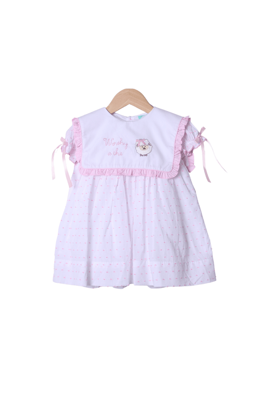 The Smocked Flamingo Apparel & Accessories Embroidered Worthy IS the Lamb Swiss Dot Dress