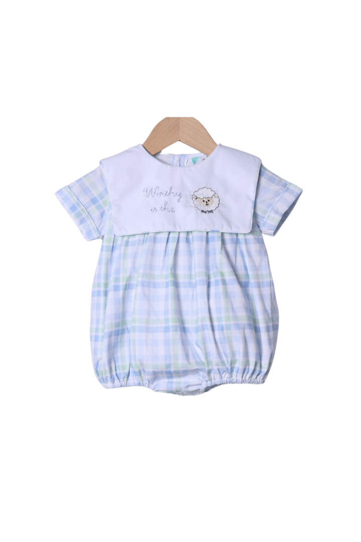 The Smocked Flamingo Apparel & Accessories Embroidered Worthy IS the Lamb Swiss Plaid Bubble