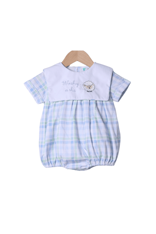 The Smocked Flamingo Apparel & Accessories Embroidered Worthy IS the Lamb Swiss Plaid Bubble