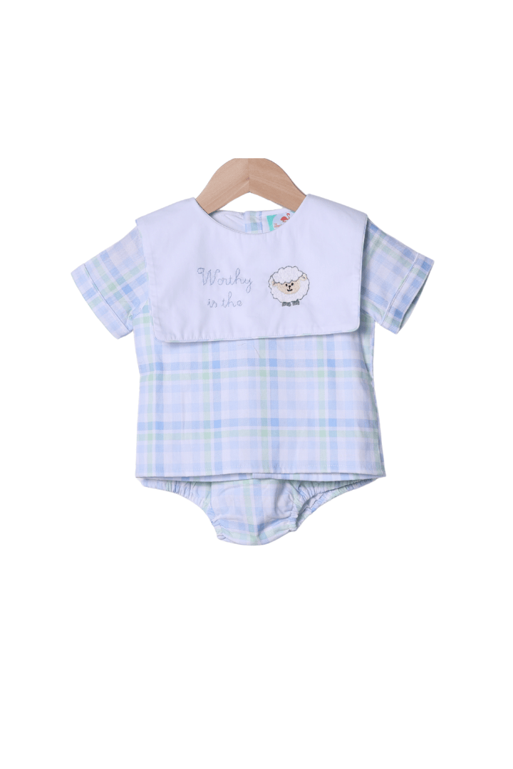 The Smocked Flamingo Apparel & Accessories Embroidered Worthy IS the Lamb Swiss Plaid Diaper Set