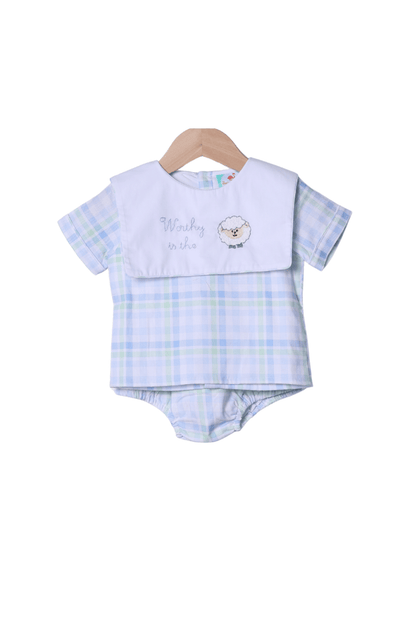 The Smocked Flamingo Apparel & Accessories Embroidered Worthy IS the Lamb Swiss Plaid Diaper Set