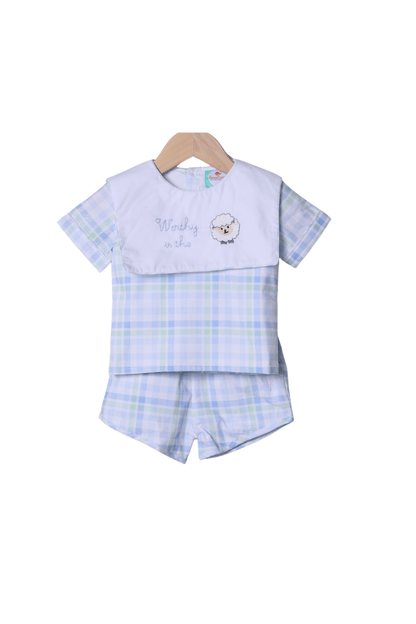 The Smocked Flamingo Apparel & Accessories Embroidered Worthy IS the Lamb Swiss Plaid Short Set