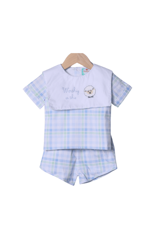 The Smocked Flamingo Apparel & Accessories Embroidered Worthy IS the Lamb Swiss Plaid Short Set