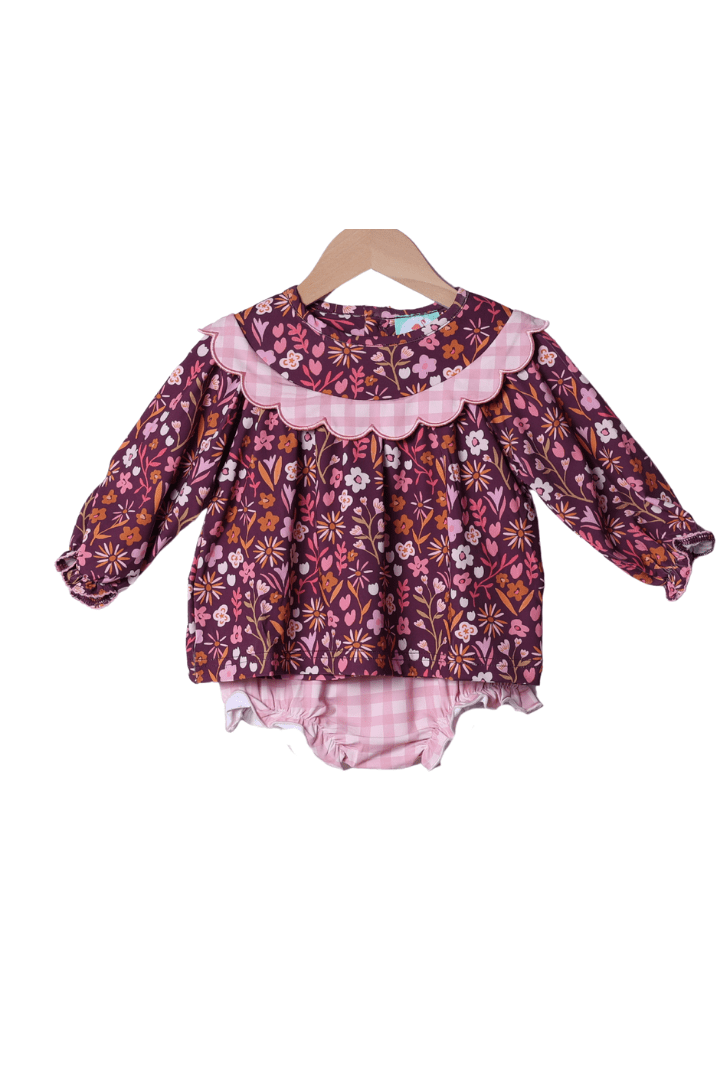 The Smocked Flamingo Apparel & Accessories Fall Floral Maroon Scalloped Gingham Bloomer Set