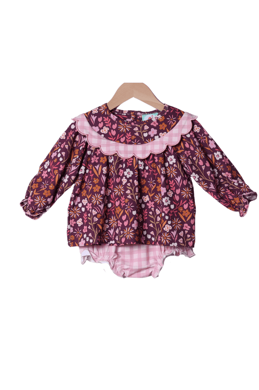 The Smocked Flamingo Apparel & Accessories Fall Floral Maroon Scalloped Gingham Bloomer Set