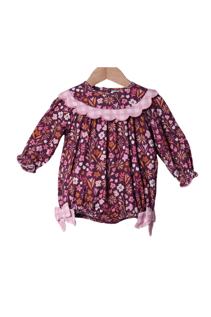The Smocked Flamingo Apparel & Accessories Fall Floral Maroon Scalloped Gingham Bubble