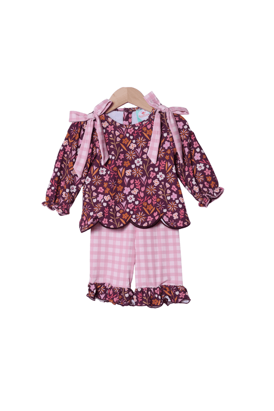 The Smocked Flamingo Apparel & Accessories Fall Floral Maroon Scalloped Gingham Pant Set