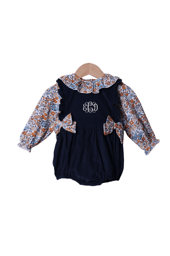 The Smocked Flamingo Apparel & Accessories Fall Floral Navy Corduroy 2 pc Bubble