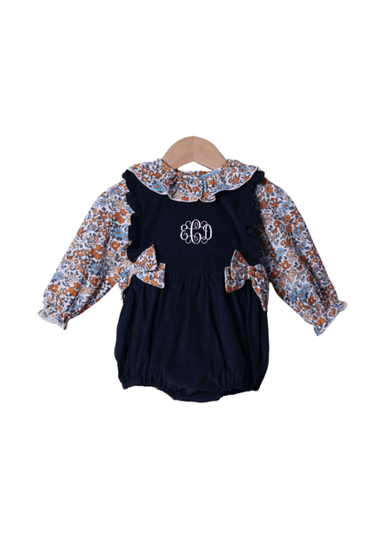 The Smocked Flamingo Apparel & Accessories Fall Floral Navy Corduroy 2 pc Bubble