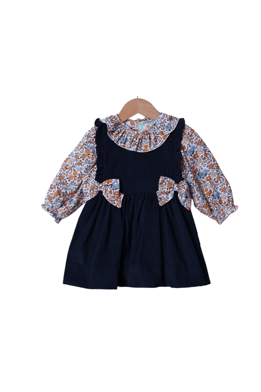 The Smocked Flamingo Apparel & Accessories Fall Floral Navy Corduroy Dress