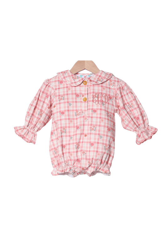The Smocked Flamingo Apparel & Accessories Fall Floral Plaid Corduroy Bubble Sleeve Bubble