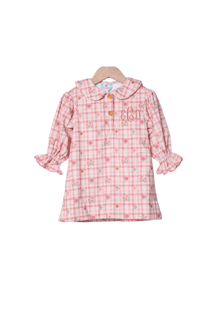 The Smocked Flamingo Apparel & Accessories Fall Floral Plaid Corduroy Bubble Sleeve Dress
