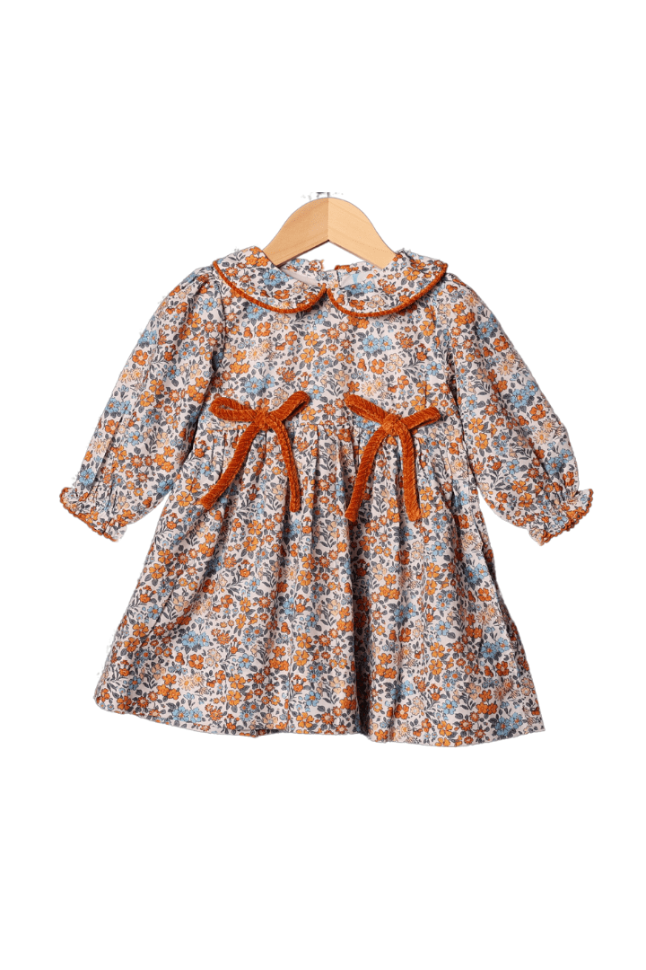 The Smocked Flamingo Apparel & Accessories Fall Floral Velvet Bow Dress