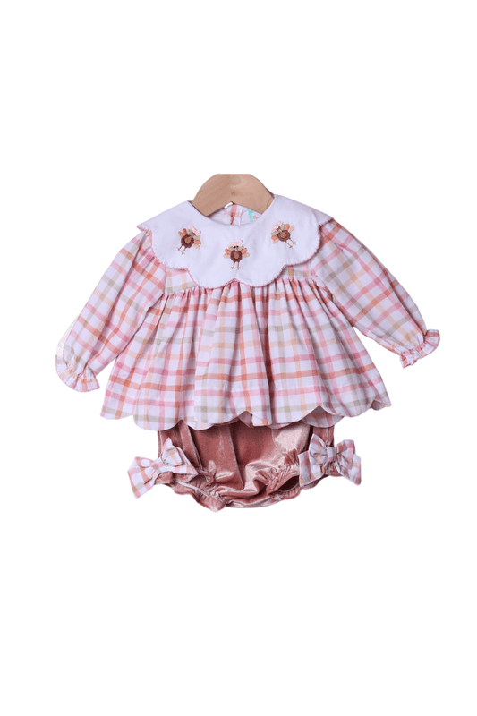 The Smocked Flamingo Apparel & Accessories Fall Pink Plaid Turkey Bloomer Set