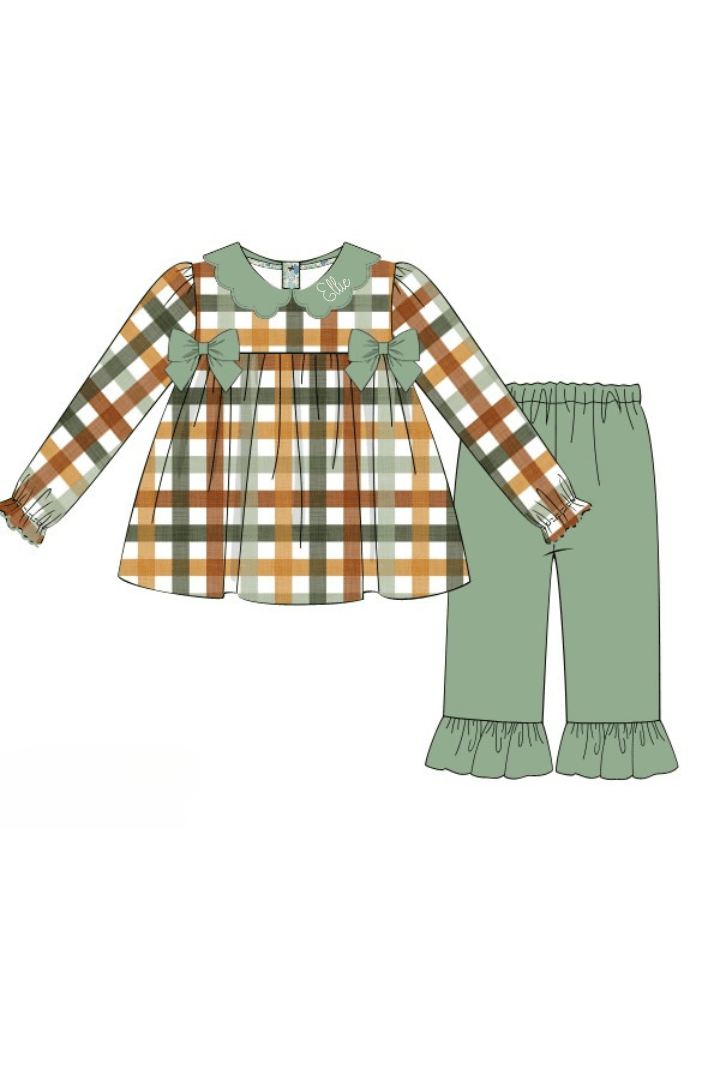 The Smocked Flamingo Apparel & Accessories Fall Plaid Bow Pant Set