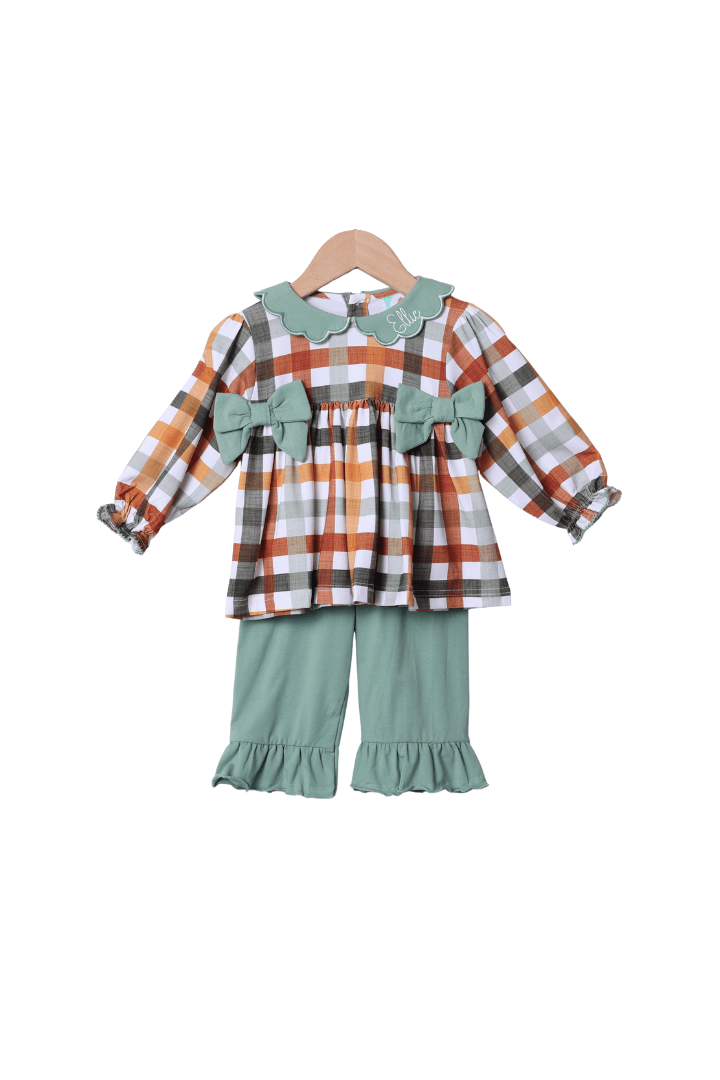 The Smocked Flamingo Apparel & Accessories Fall Plaid Bow Pant Set