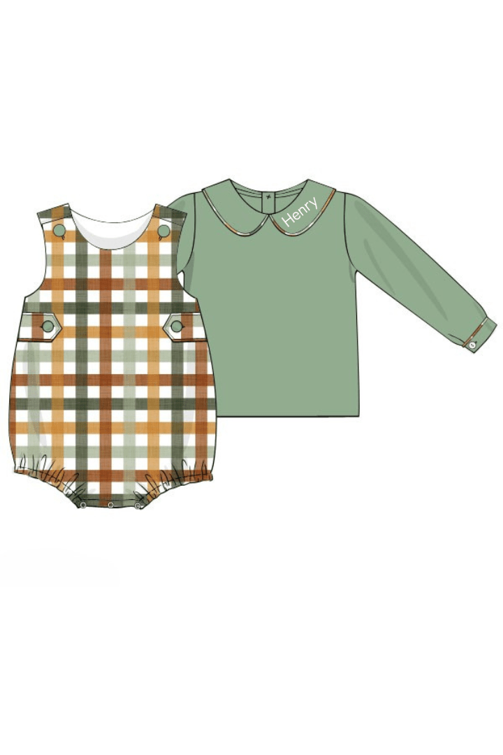 The Smocked Flamingo Apparel & Accessories Fall Plaid Bubble/Shirt Set