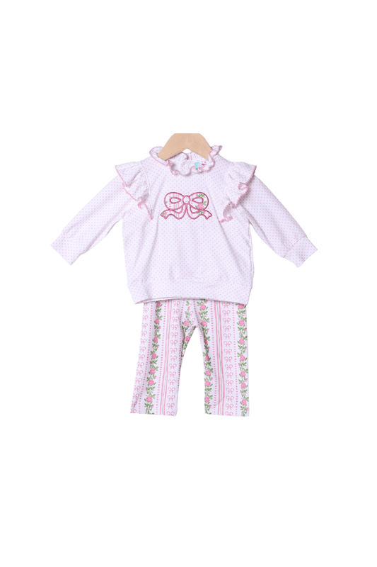 The Smocked Flamingo Apparel & Accessories Fancy Floral Applique Bow Pant Set