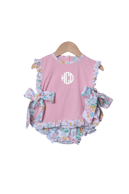 The Smocked Flamingo Apparel & Accessories Floral Knit Bow Apron Bloomer Set