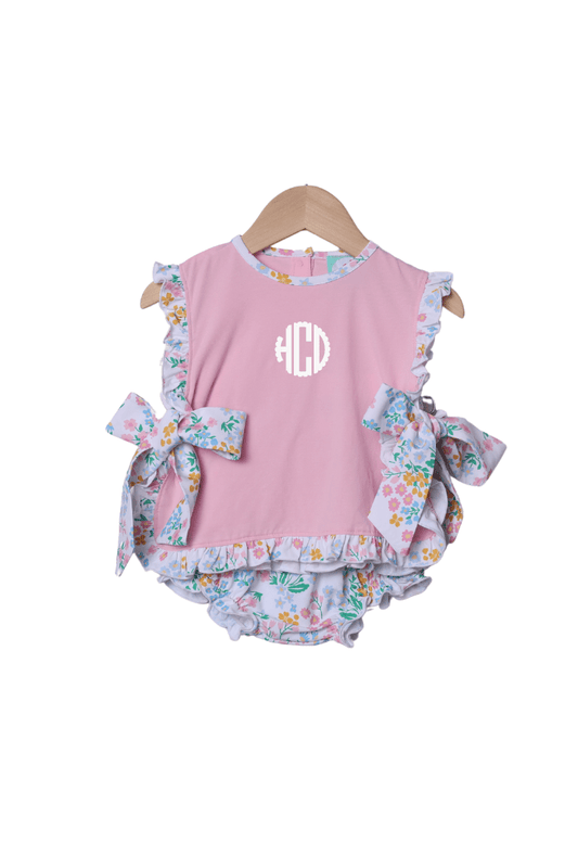 The Smocked Flamingo Apparel & Accessories Floral Knit Bow Apron Bloomer Set