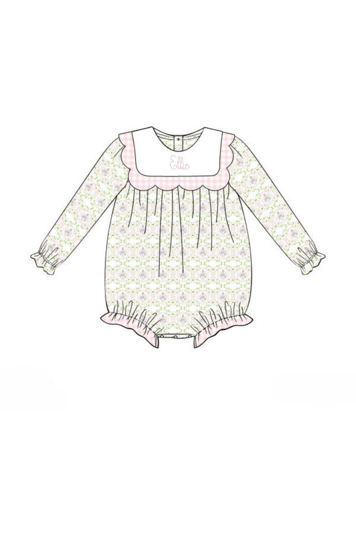 The Smocked Flamingo Apparel & Accessories Floral Turkey Pink Gingham Scalloped Bubble