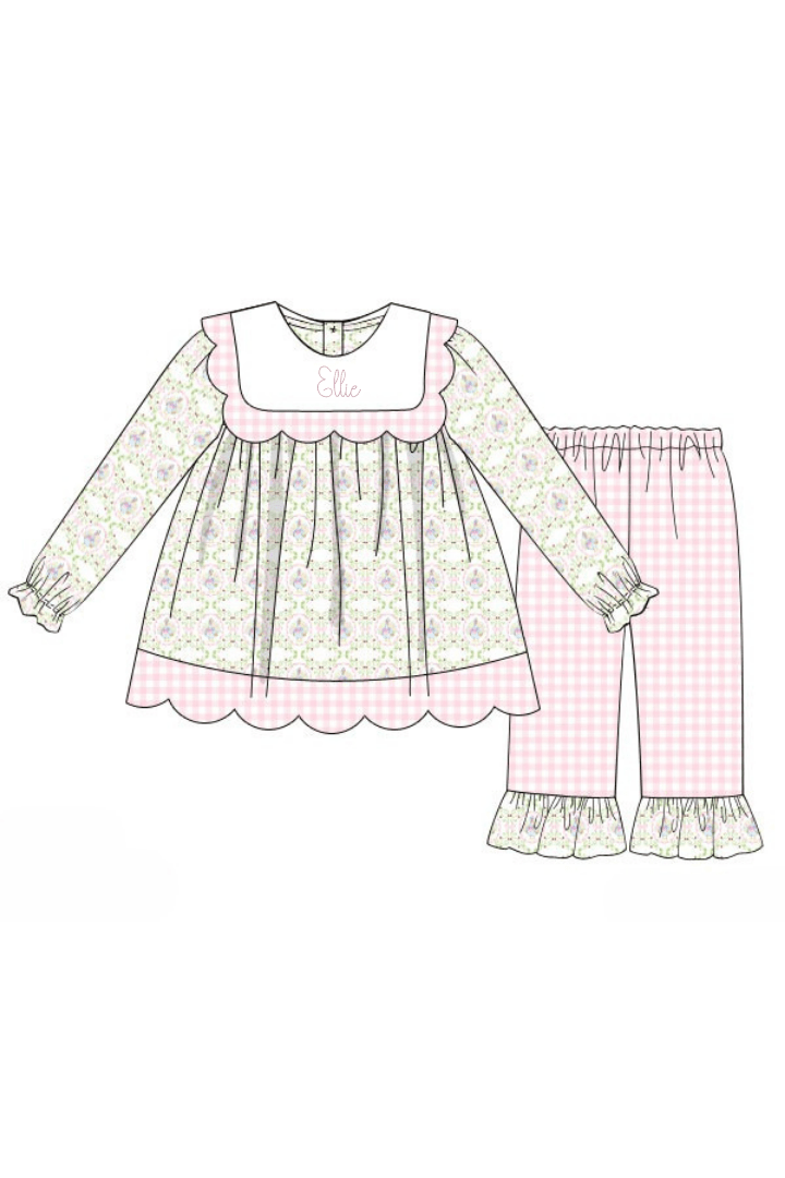 The Smocked Flamingo Apparel & Accessories Floral Turkey Pink Gingham Scalloped Pant Set