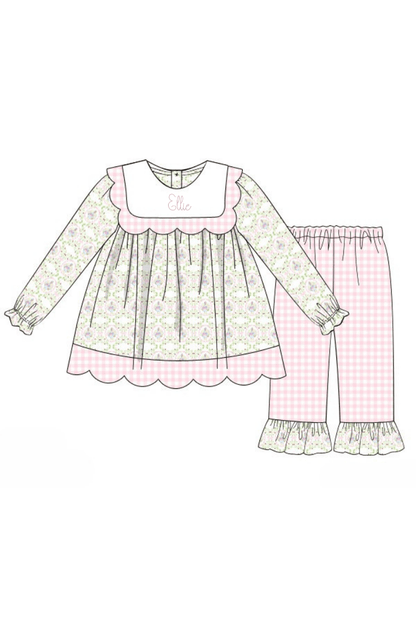 The Smocked Flamingo Apparel & Accessories Floral Turkey Pink Gingham Scalloped Pant Set