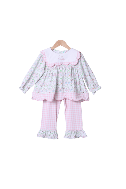 The Smocked Flamingo Apparel & Accessories Floral Turkey Pink Gingham Scalloped Pant Set