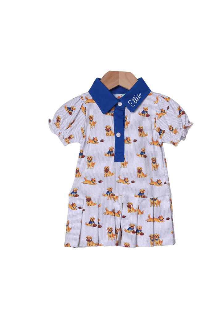 The Smocked Flamingo Apparel & Accessories Football Pup Blue and White Dress