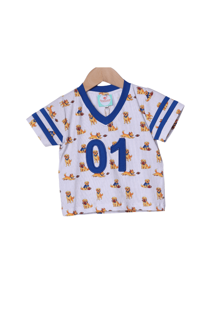 The Smocked Flamingo Apparel & Accessories Football Pup Blue and White Jersey