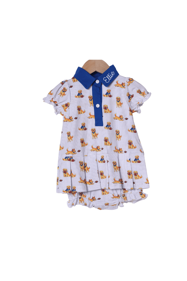 The Smocked Flamingo Apparel & Accessories Football Pup Blue and White Skirted Bubble