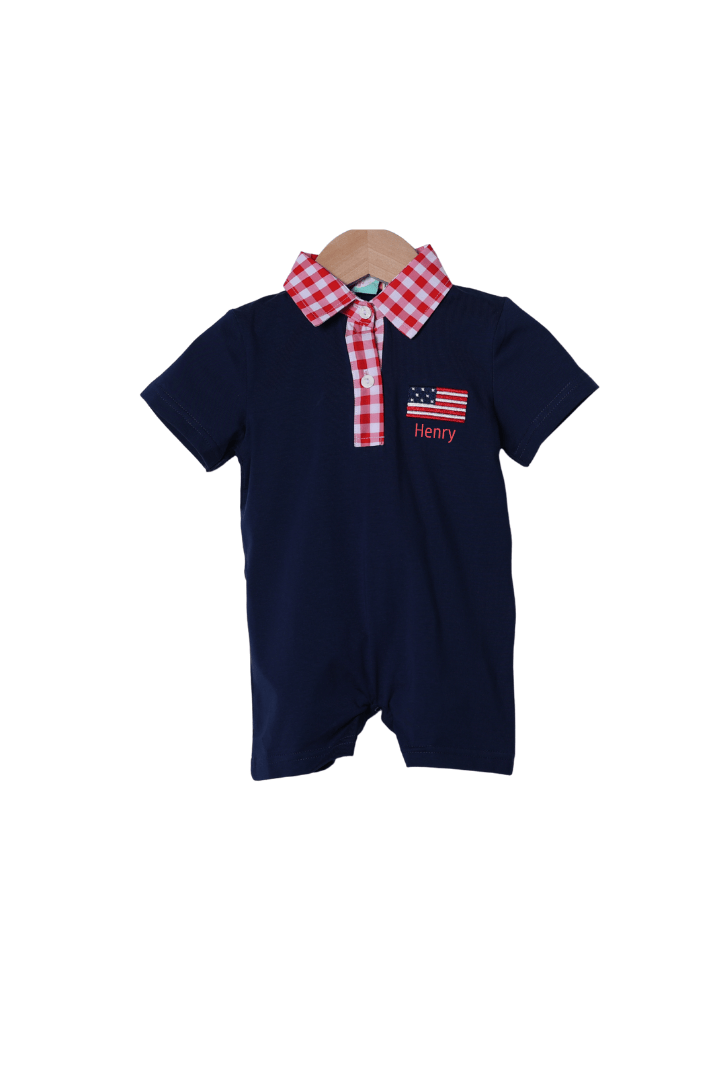 The Smocked Flamingo Apparel & Accessories French Knot American Flag Navy/Red Gingham Knit Polo Romper