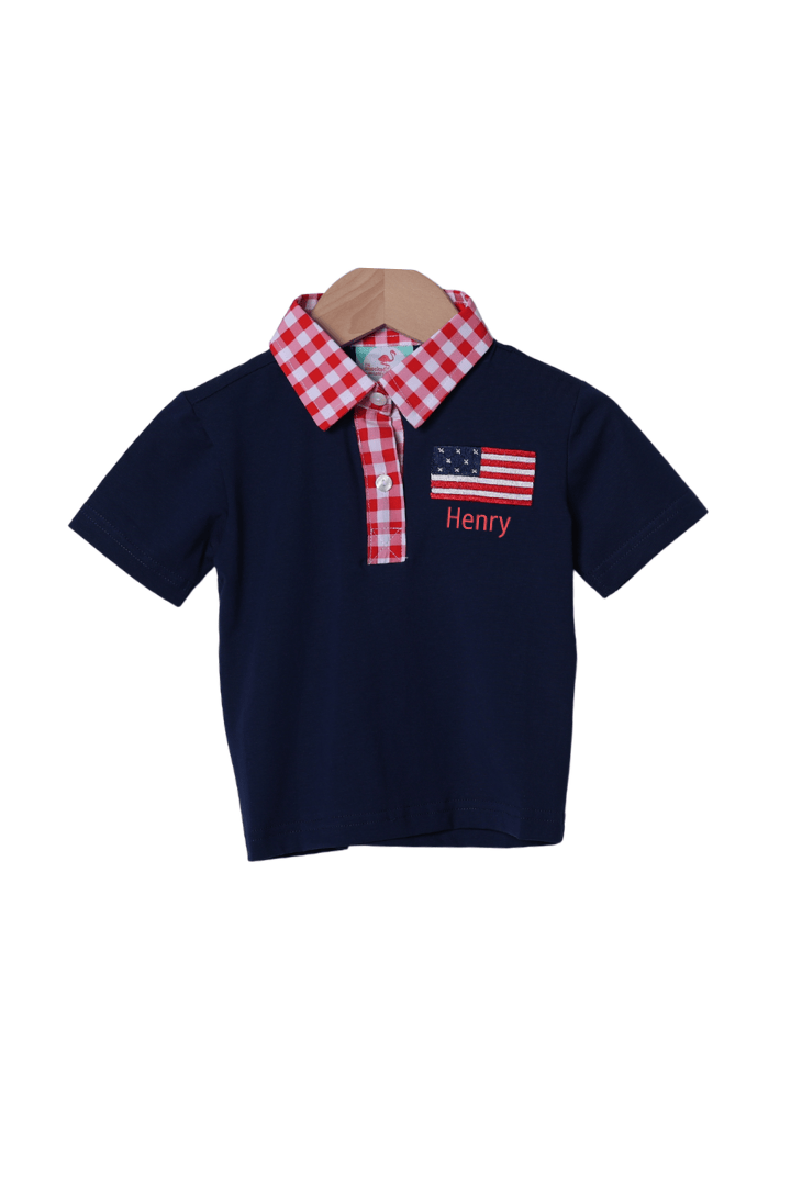 The Smocked Flamingo Apparel & Accessories French Knot American Flag Navy/Red Gingham Knit Polo Shirt