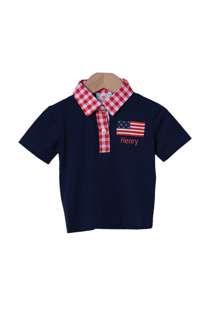 The Smocked Flamingo Apparel & Accessories French Knot American Flag Navy/Red Gingham Knit Polo Shirt