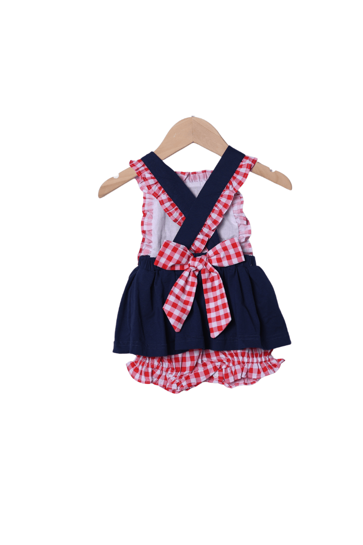 The Smocked Flamingo Apparel & Accessories French Knot American Flag Navy/Red Gingham Knit Skirted Bubble