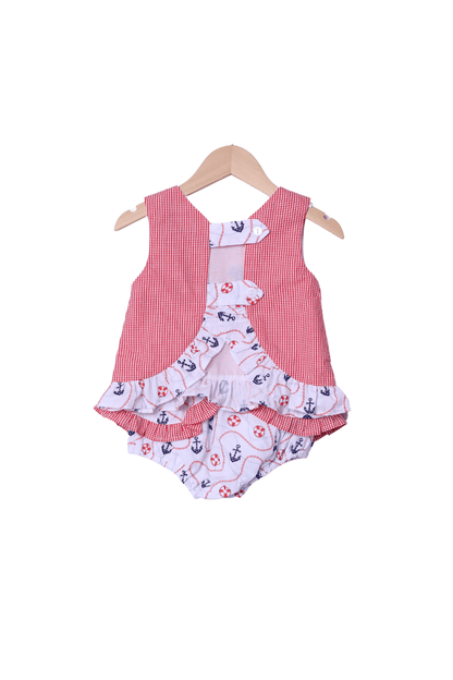 The Smocked Flamingo Apparel & Accessories French Knot Anchor's Away Ruffle Bloomer Set