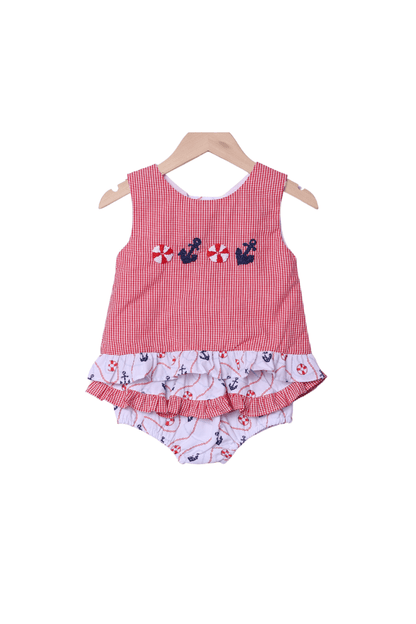 The Smocked Flamingo Apparel & Accessories French Knot Anchor's Away Ruffle Bloomer Set