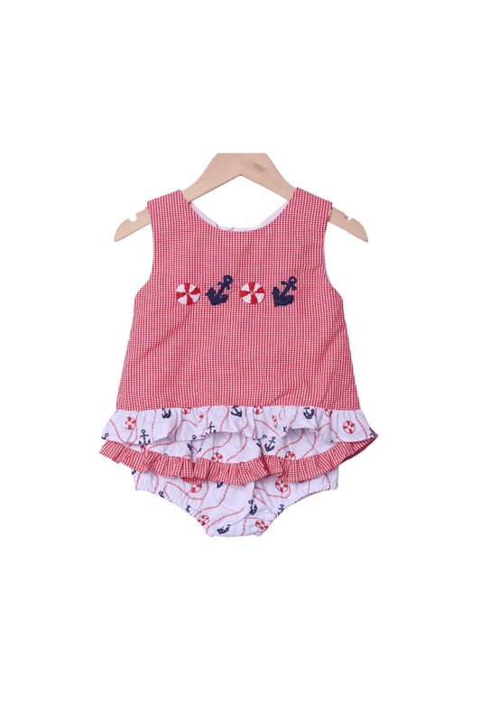 The Smocked Flamingo Apparel & Accessories French Knot Anchor's Away Ruffle Bloomer Set