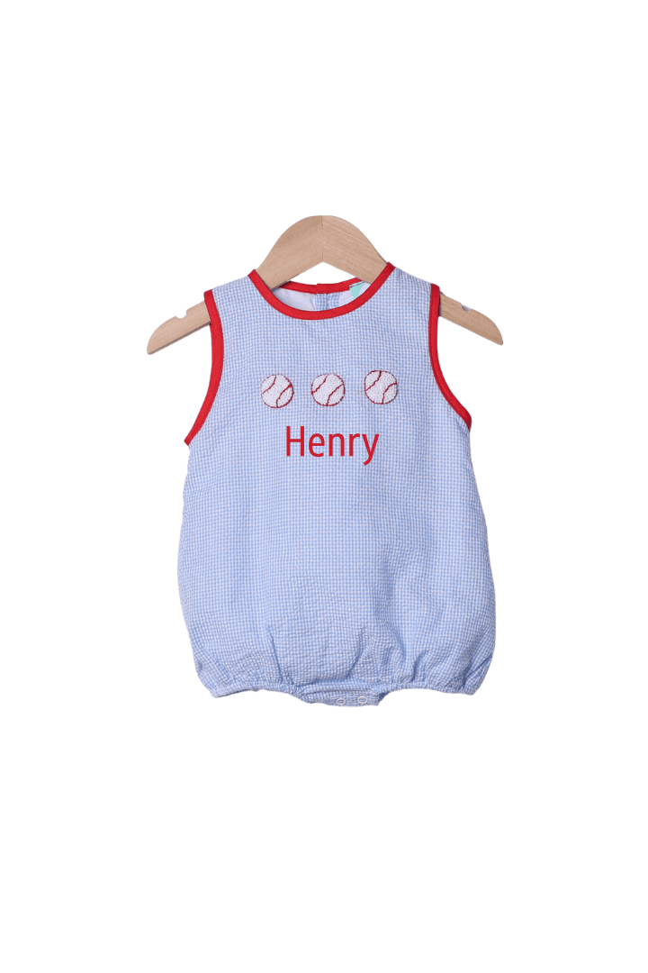 The Smocked Flamingo Apparel & Accessories French Knot Baseball Blue Seersucker Bubble