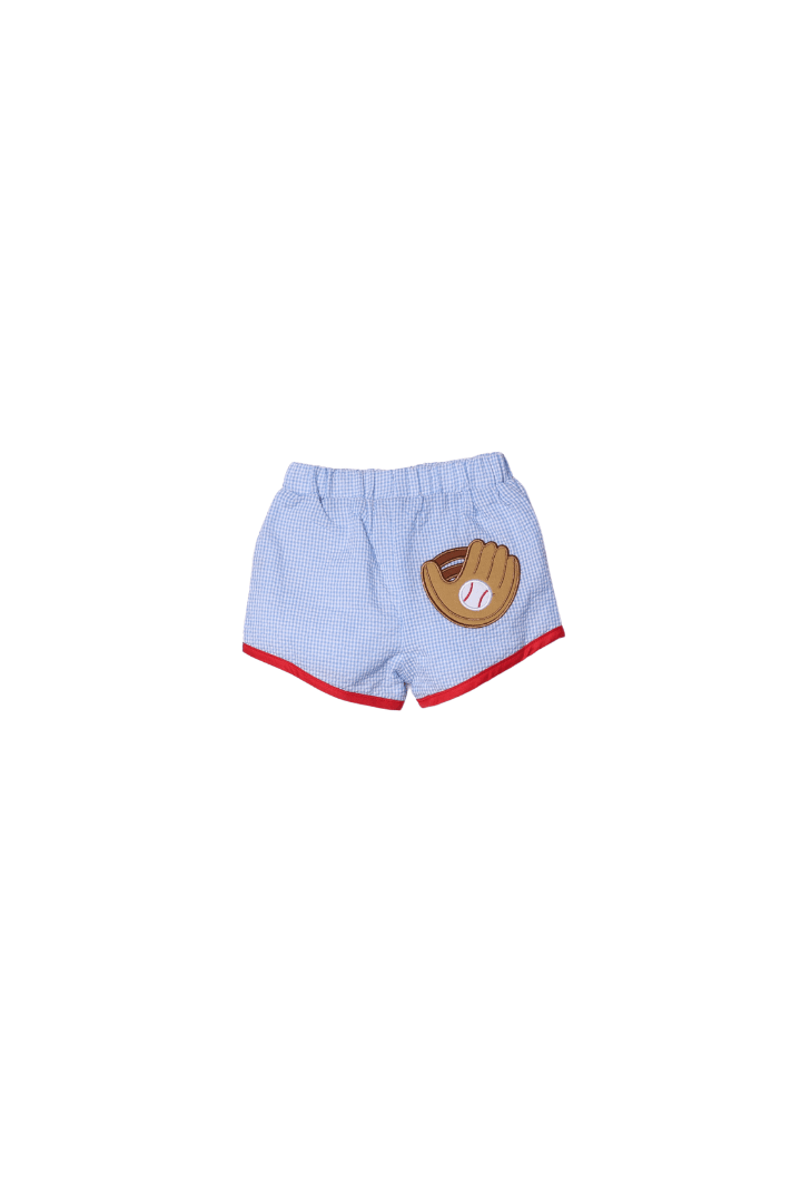The Smocked Flamingo Apparel & Accessories French Knot Baseball Blue Seersucker Short Set