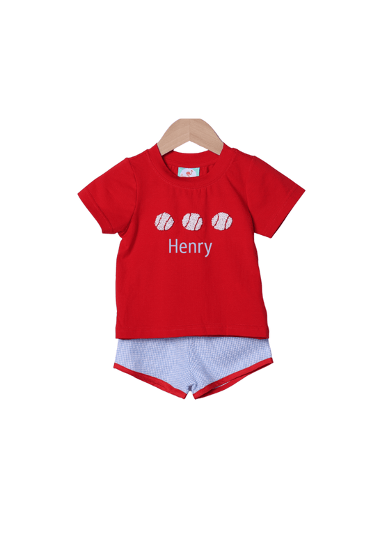 The Smocked Flamingo Apparel & Accessories French Knot Baseball Blue Seersucker Short Set