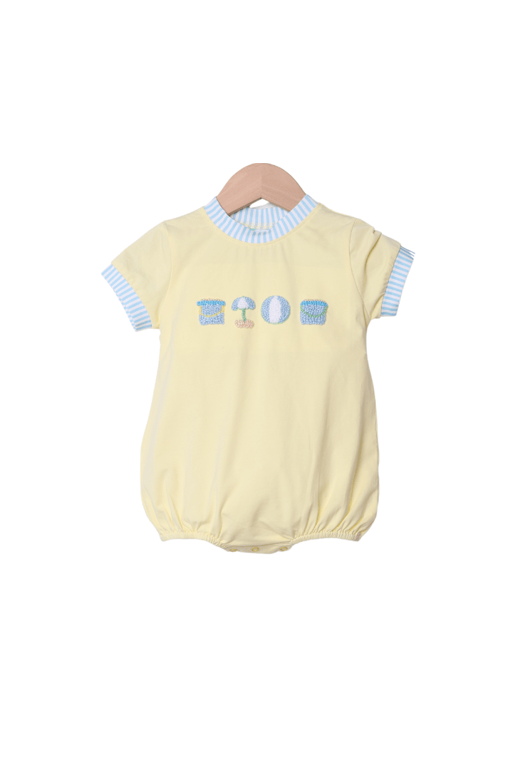 The Smocked Flamingo Apparel & Accessories French Knot Beach Fun Yellow/Blue Stripe Bubble