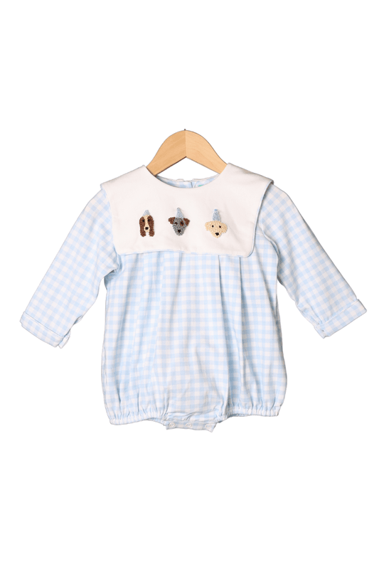 The Smocked Flamingo Apparel & Accessories French Knot Birthday Party Pups Blue Gingham Long Sleeve Bubble