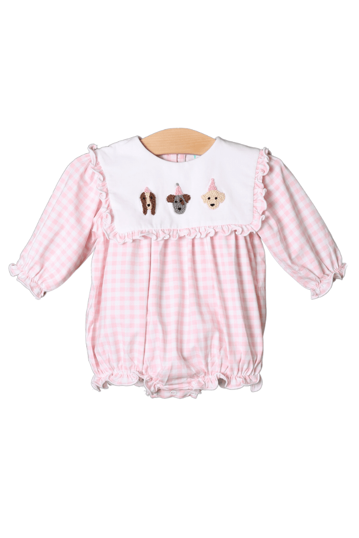 The Smocked Flamingo Apparel & Accessories French Knot Birthday Party Pups Pink Gingham Long Sleeve Bubble