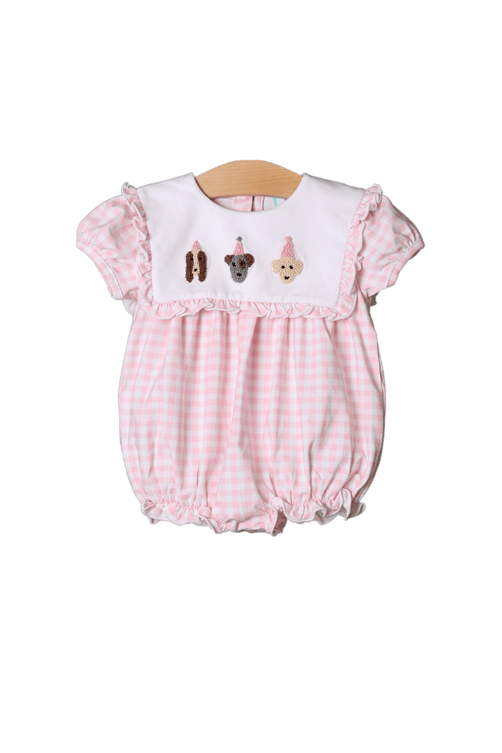 The Smocked Flamingo Apparel & Accessories French Knot Birthday Party Pups Pink Gingham Short Sleeve Bubble