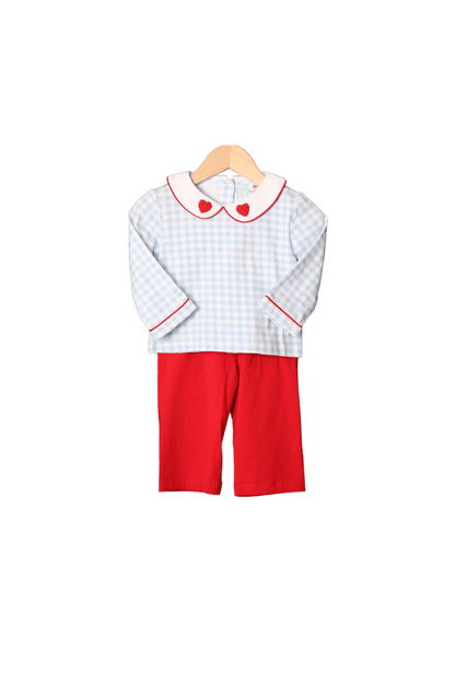 The Smocked Flamingo Apparel & Accessories French Knot Blue Gingham and Red Pant Set