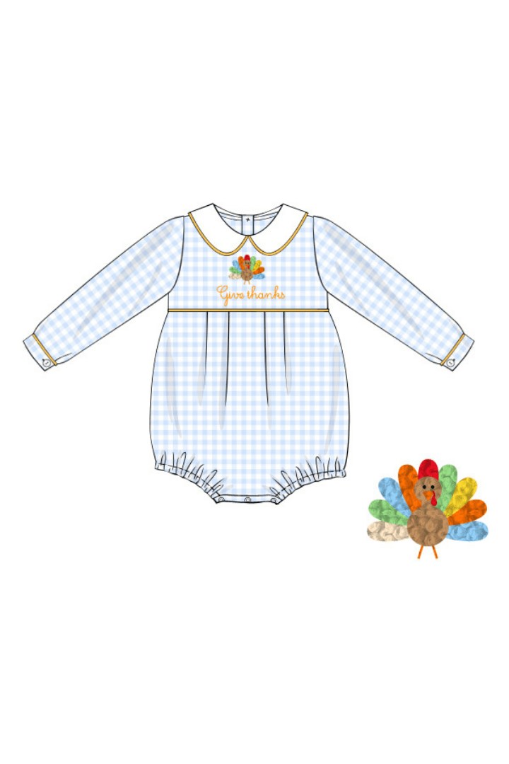 The Smocked Flamingo Apparel & Accessories French Knot Blue Gingham Give Thanks Turkey Bubble