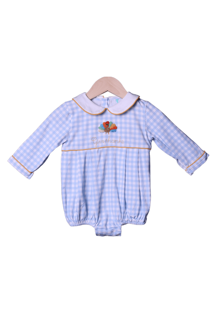 The Smocked Flamingo Apparel & Accessories French Knot Blue Gingham Give Thanks Turkey Bubble